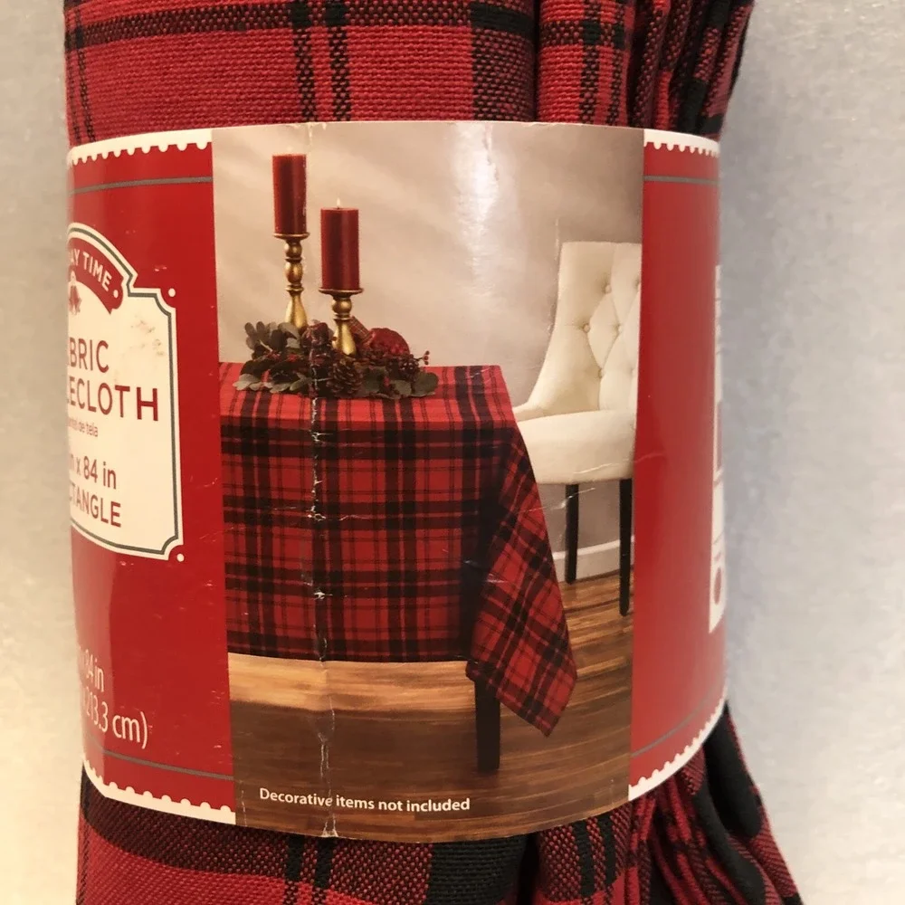New Holiday Time Buffalo Plaid Fabric Tablecloth Red Black Rectangle 60